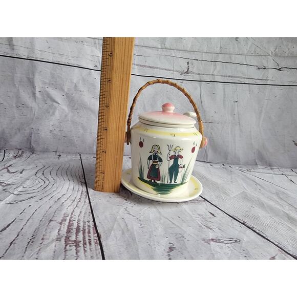 Vintage Danish Folk Art Sugar Dish Condiment Jar Removable Dish Wicker Handle - Picture 11 of 12